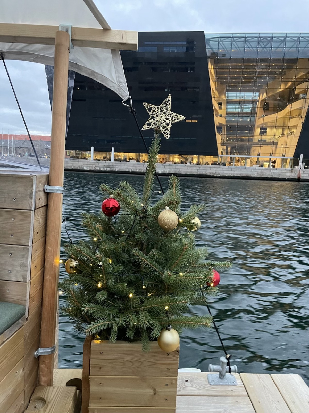 Et juletræ med stjerne på en tømmerflåde ved Den Sorte Diamant